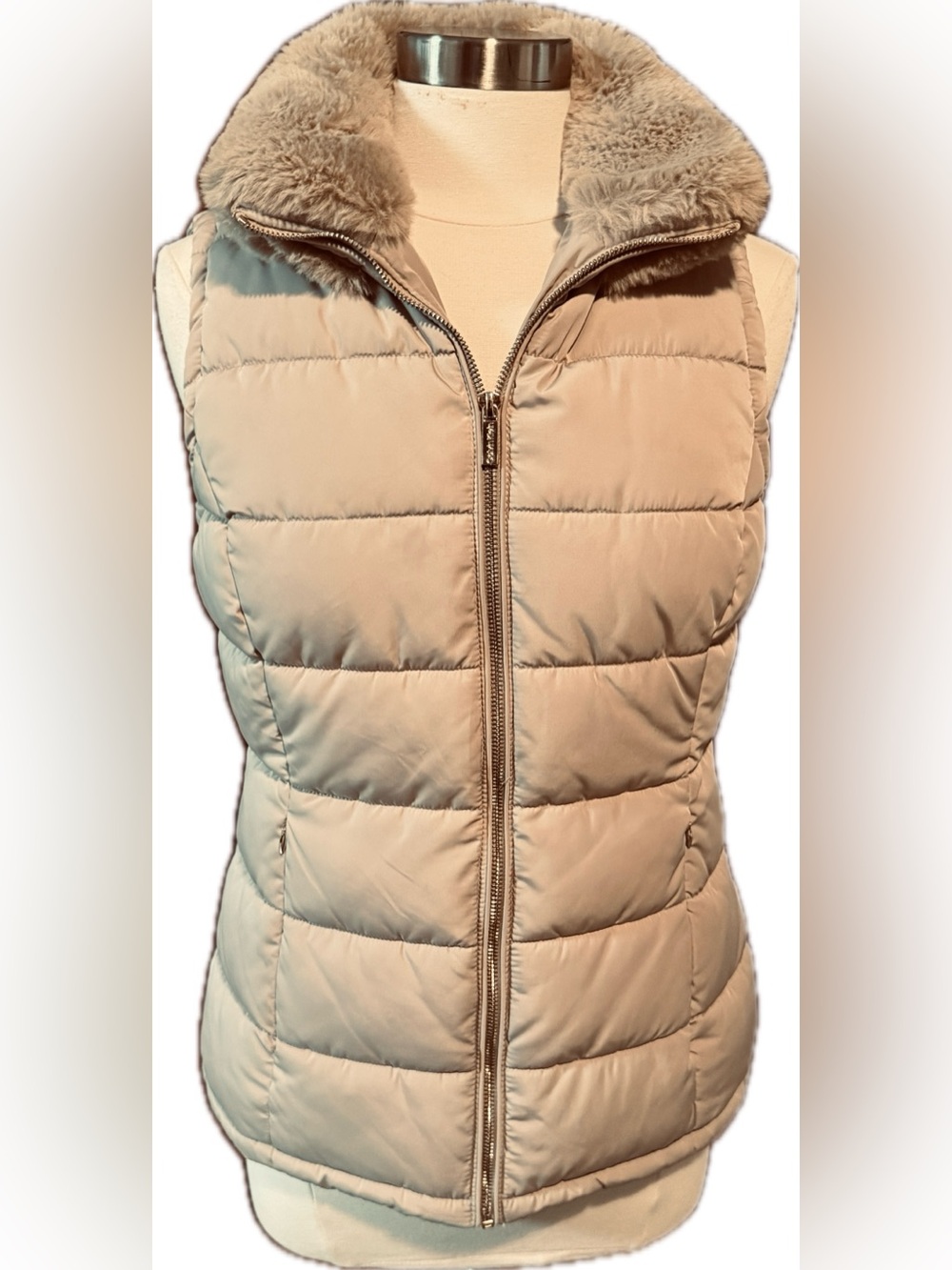 Calvin Klein Tan Quilted Puffer Vest Faux Fur Lining Mock Neck SP